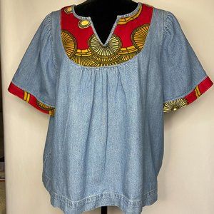 Upcycled Denim Tunic African Ankara Trim/ Short Sleeve/ Cotton/ XL/ Madewell